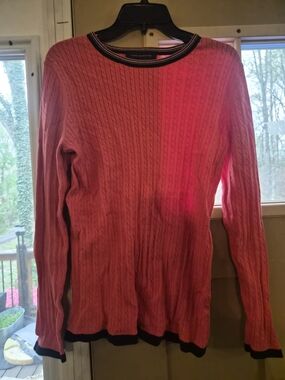 Tommy Hilfiger Orange Cable Knit Sweater XL Navy Trim Preppy
